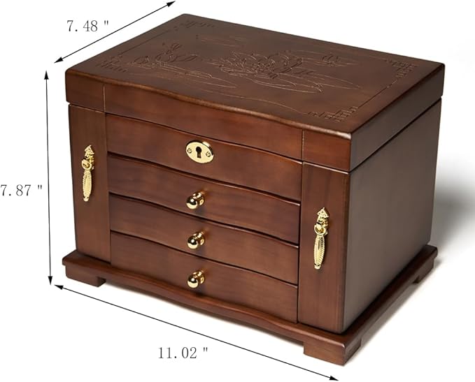 FEECOZ Wooden Jewelry Box for Women, Solid Wood Jewelry Organizer with Mirror and 3-Drawer, Ring,Necklacel,Vintage Style Storage Box with Lock (Dark Brown(lotus pattern)