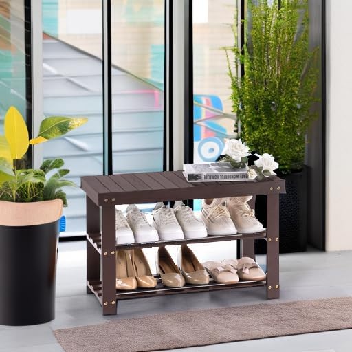 Apicizon Bamboo Shoe Rack for Entryway, 3-Tier Shoe Rack Bench for Front Indoor Entrance, Small Shoe Organizer with Storage, Dark Brown