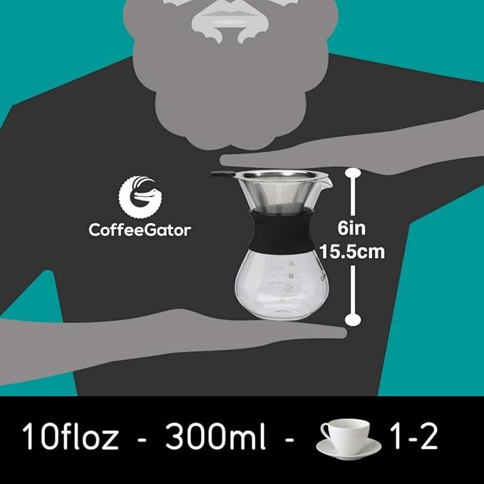Coffee Gator Pour Over Coffee Maker Portable - 10.5oz High Heat Borosilicate Glass w/Reusable Stainless Steel Filter, Drip Coffee Brewer Pourover Dripper Set Carafe, 300ml Black