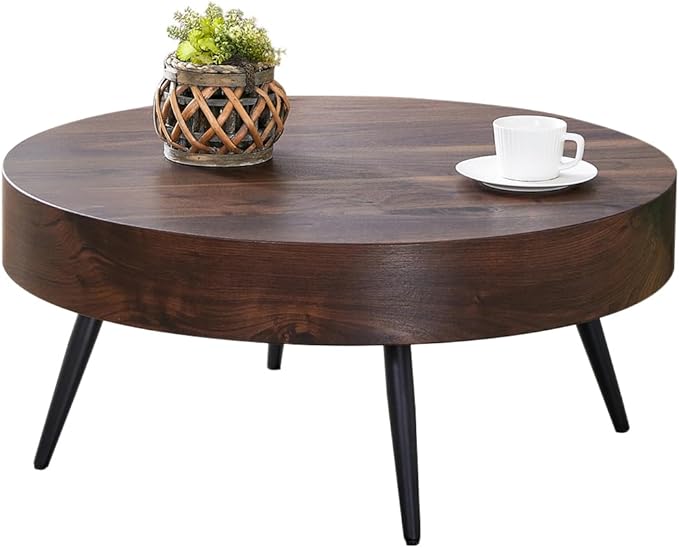 31.5'' Round Coffee Table for Living Room, Wood Texture Table Top, Black Metal Table Legs Tea Table for Dining Room Apartment Small Space (Black,Walnut)
