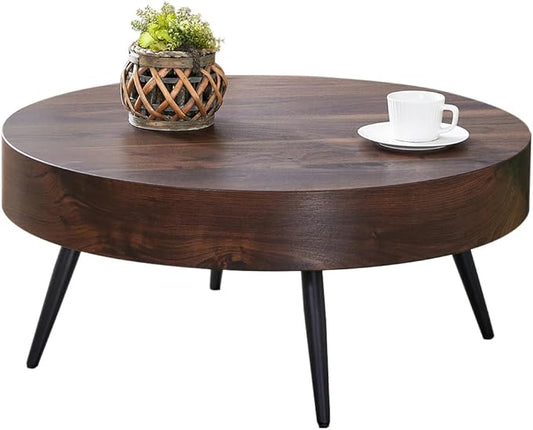 31.5'' Round Coffee Table for Living Room, Wood Texture Table Top, Black Metal Table Legs Tea Table for Dining Room Apartment Small Space (Black,Walnut)