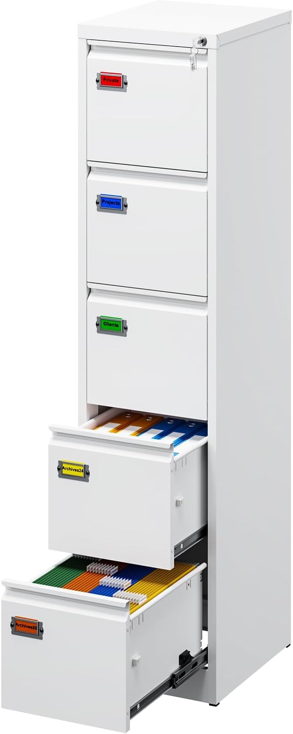 5-Drawer File Cabinet, 16.3" Deep Vertical Metal Filing Cabinet with Lock for Home Office, Anti-Tip 5 Storage Drawers for Letter/Legal/A4/F4 Size (Assemble Required, White)