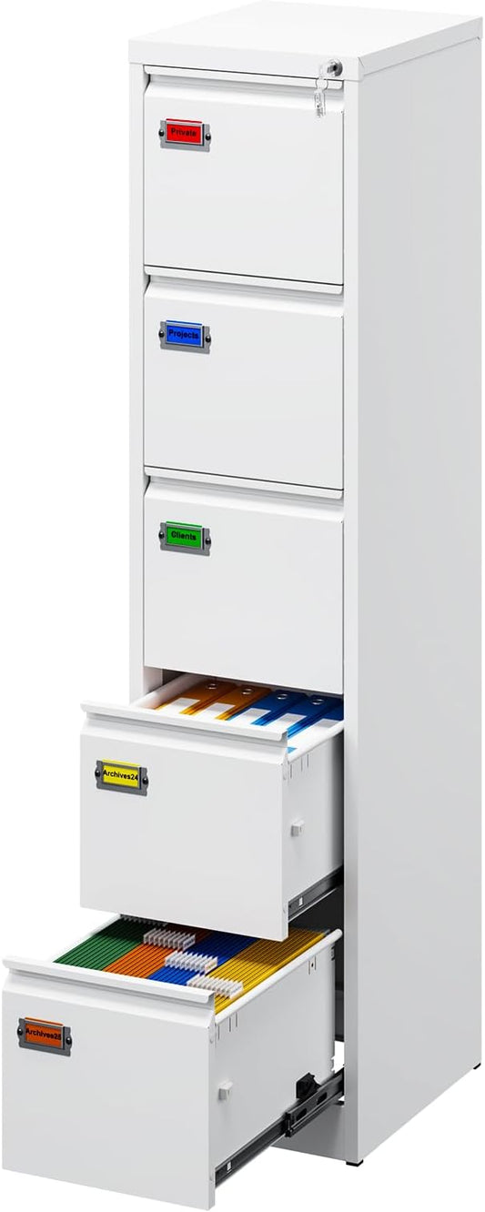 5-Drawer File Cabinet, 16.3" Deep Vertical Metal Filing Cabinet with Lock for Home Office, Anti-Tip 5 Storage Drawers for Letter/Legal/A4/F4 Size (Assemble Required, White)