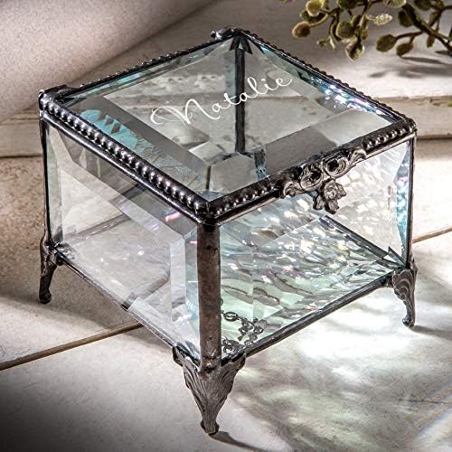 Personalized Clear Beveled Glass Box Decorative Vanity Display Case Storage Jewelry Organizer Keepsake Gift for Her Girl Women Vintage Decor J Devlin Ellen Box 326 EB245