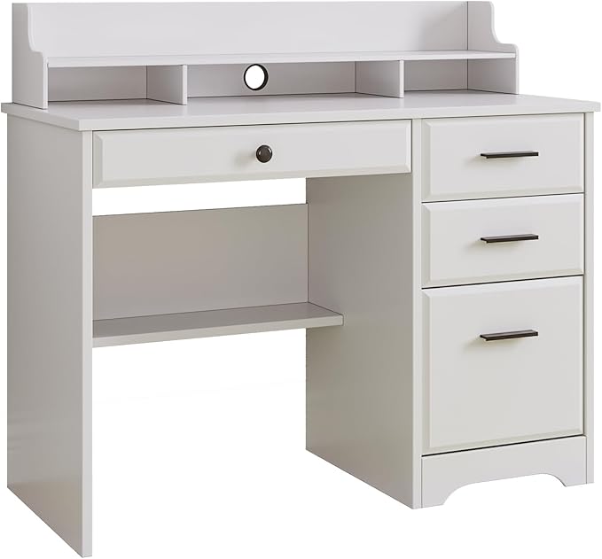 4 EVER WINNER White Desk with Drawers, Small Computer Desk with File Drawer for Small Spaces, Home Office Desks with Monitor Stand Wood Table for Study Writing, White