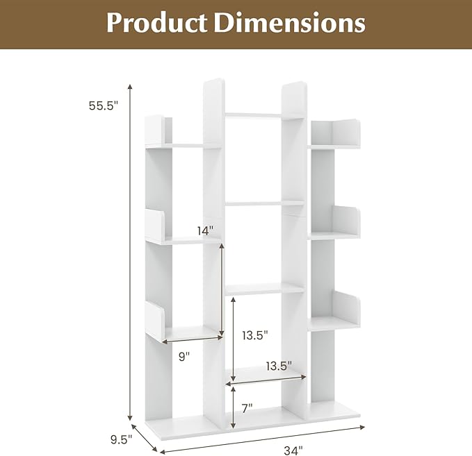 Tangkula White Tree Bookshelf, Freestanding Corner Storage Organizer with 13 Open Shelves, Decorative Display Cube Shelf for Living Room, Study, Office, 34 x 9.5 x 55.5 Inch (1, White)