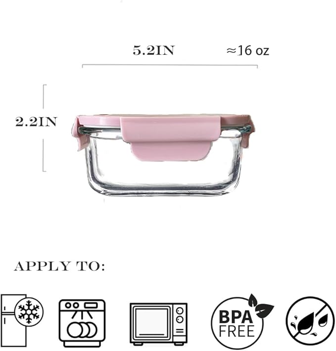 Square Glass Food storage Containers with Airtight Lids, 2 cup Food Meal Prep Containers, Square Glass Bowl For Lunch Sandwich Fruit Snack, Dishwasher Microwave Freezer Safe- (Pink+Green)
