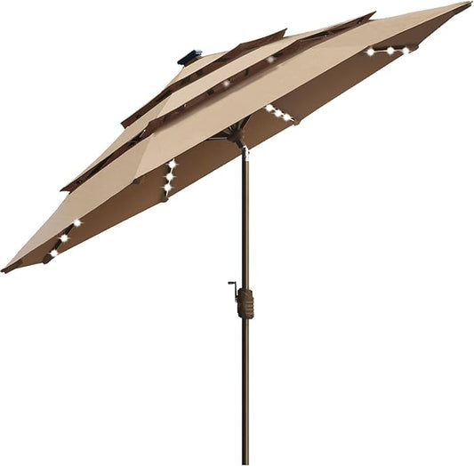 EliteShade USA 10-Year-Non-Fading Solar 9ft 3 Tiers Market Umbrella with 80 LED Lights Patio Umbrellas Outdoor Table with Ventilation,Heather Beige