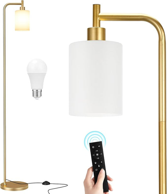Floor Lamps for Living Room - Industrial Standing Lamp with Remote Control Glass Shade, Modern Gold Floor Lamp with LED Bulbs, Tall Lamp for Bedroom Office - Gold