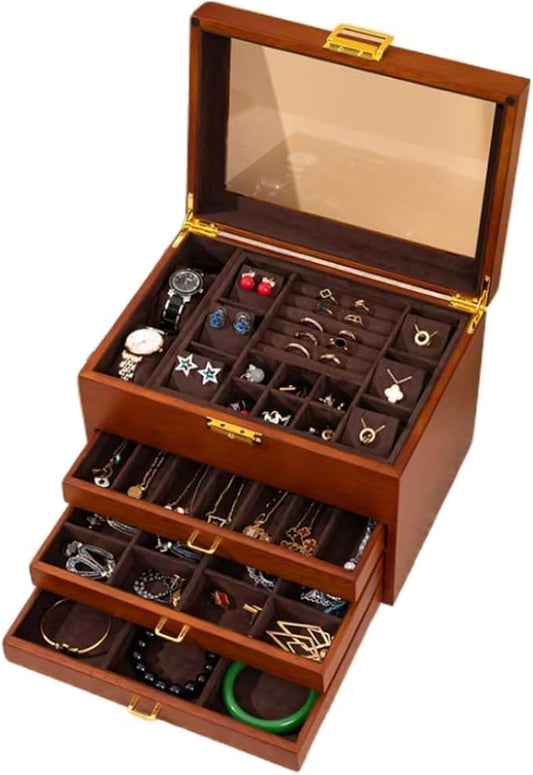 Bescott 5 Layer Solid Wooden Jewelry Box with Lock and Key for Women Men Vintage Velvet Wood Jewelry Organizer Storage for Earrings Rings Necklaces Bracelet Watch Mother’s Day Gift
