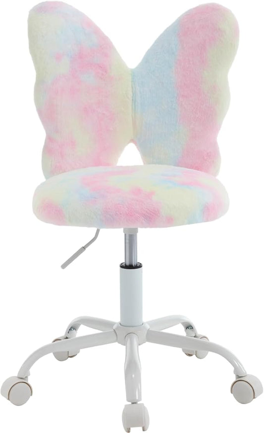 Cute Fuzzy Kids Chair for Teenage Girls Rolling Study Desk Student Chair Furry Computer Task Chair, Adjustable Butterfly Shaped Reading Vanity Chair for Bedroom, Colorful