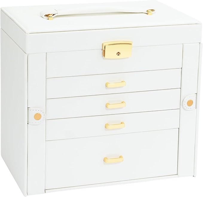 Jewelry Holder Organizer, Large Jewelry Boxes for Women, 5 Layers 4 Drawers Jewelry Box with Handle Jewelry Organizer for Earrings Rings Necklaces Bracelets, White
