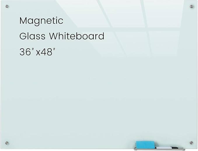 Glass Magnetic White Board - 48 x36 Inches Frameless Dry Erase Whiteboard for Wall, Writing Board for Meeting, Wall Mounted Glass Board for Office and Schools