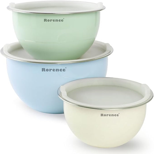 Rorence Stainless Steel Mixing Bowls: Color Painting Metal Mixing Bowl Set with Lids Nesting Bowls for Kitchen Set of 3