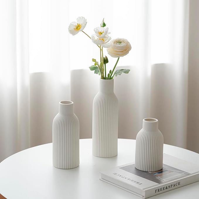 Modern Ceramic Vases Set of 3, White Ribbed Decorative Vases, Shelf Table Centerpiece for Home Decor (White)