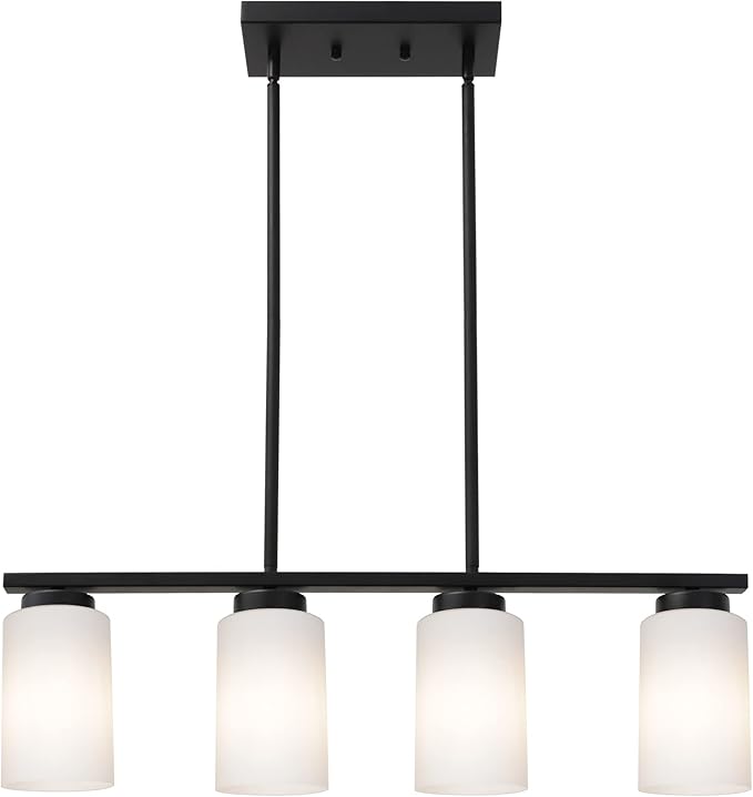 Farmhouse Dining Room Pendant Light Fixtures in Black Finish, 4-Lights Island Lighting with Opal White Glass Shades for Kitchen