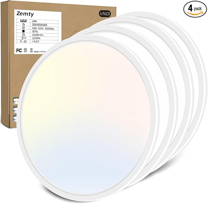 Zemty 4Pack 12 Inch LED Flush Mount Light, 28W 3200lm Super Slim Ceiling Light Fixtures, 3000K/4500K/6000K Selectable Ceiling Lamp for Bedroom, Bathroom, Kitchen, Living Room (White)