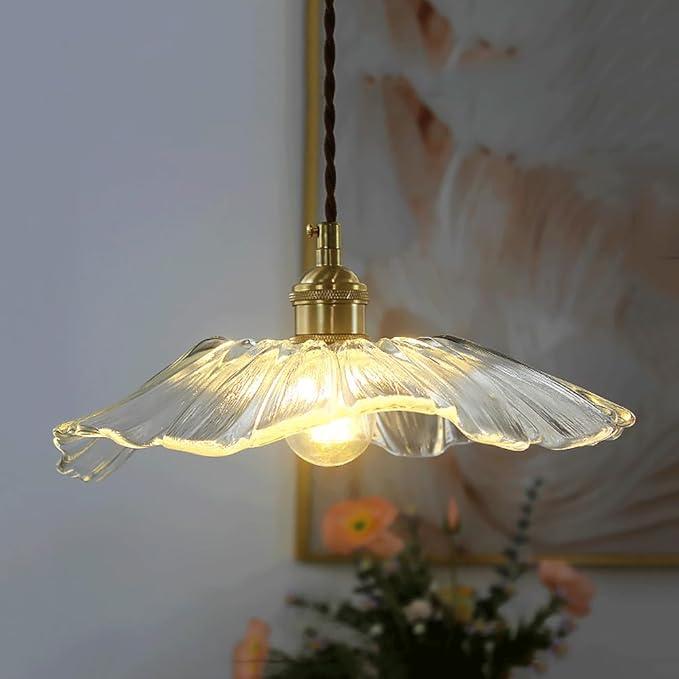 Glass Pendant Light Full Brass Modern Lighting Fixture Transparent Hanging Lamp E26 Socket 11 Inch Adjustable Pendant Lights for Kitchen Island Living Room Bedroom