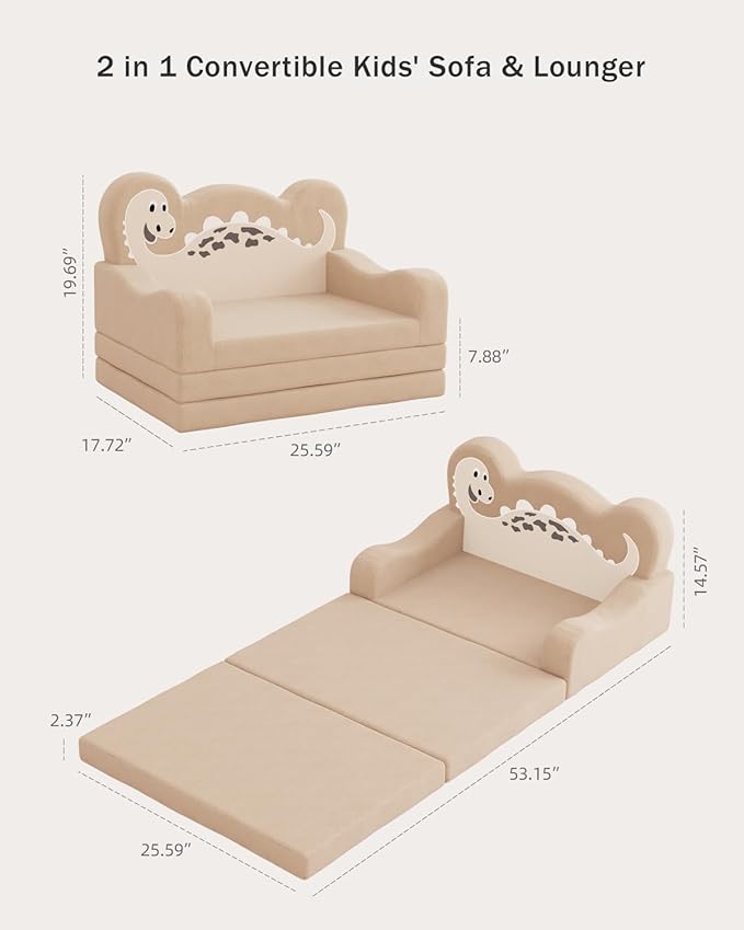 2-in-1 Kids Couch Fold Out, Convertible Toddler Couch to Lounger, Toddler Chair Comfy, Kids Sofa for Girls and Boys, Gift for Birthday, Children's Day, Dinosaur Beige