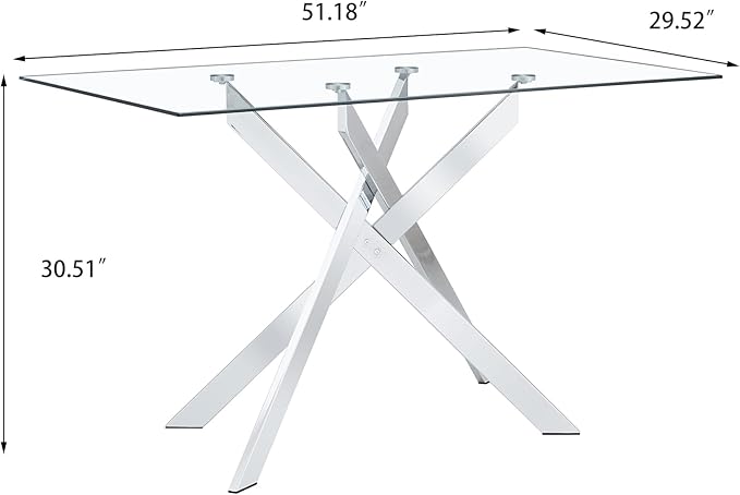 51.18" Glass Dining Table for 4-6, Dining Room Table with Clear Tempered Glass and Silver Metal Legs, Modern Rectangular Kitchen and Dining Room Dinner Table for Kitchen