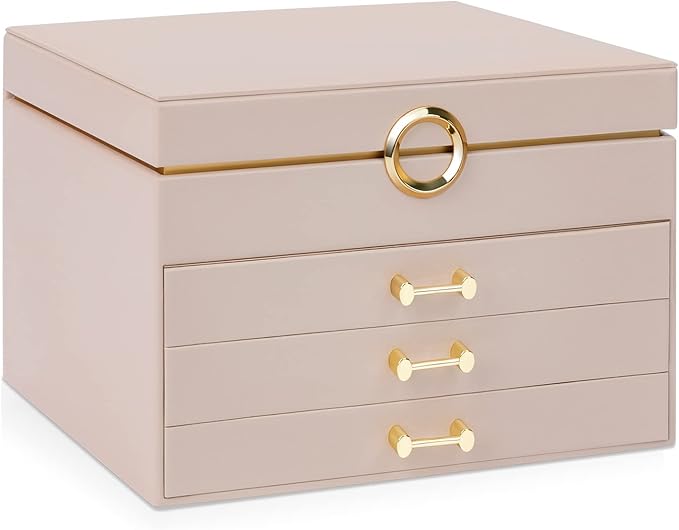 Jewelry Boxes for Women, Large Jewelry Storage Boxes, 4-Layer Leather Jewelry Organizer with 3 Drawers, Jewelry Display Case Gift for Women Girls, Apricot