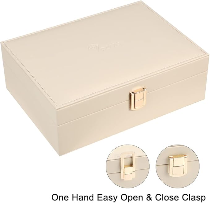 Voova Jewelry Box Organizer for Women Girls, 2 Layer Large Men Jewelry Storage Case, PU Leather Display Jewellery Holder with Removable Tray for Necklace Earrings Rings Bracelets, Vintage Gift,Apricot