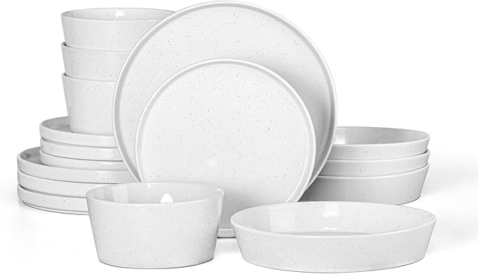 Herogo Dinnerware Sets with Pasta Bowls for 4, 16 Piece Dinner Salad Plates and Cereal Serving Bowls, Double Reactive Glaze, Microwave & Dishwasher Safe, Chip & Scratch Resistant, Speckled White