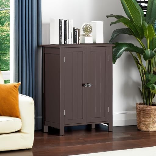 ZENY Bathroom Floor Storage Cabinet with Double Door + Adjustable Shelf, Wooden Organizer Cabinet for Living Room, Bathroom, Bedroom, Modern Home Furniture (Brown)