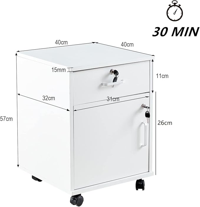 Mobile File Cabinet with Lockable Drawer & Door, Under Desk Storage Cabinet with 360°Swivel Wheels, Wooden Stationery Storage Cabinet for Legal/Letter/ A4 Documents (White)