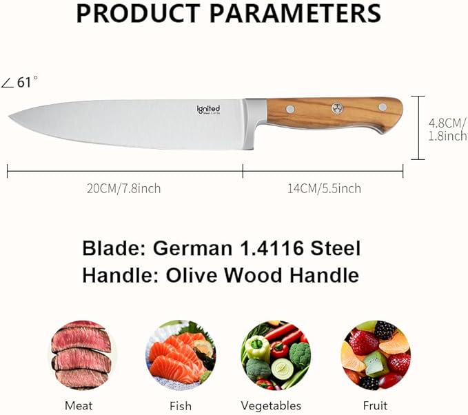 8 Inch Chef Knife, 1.4116 German High Carbon Steel Chef's Knife, Chefs Knife with Ergonomic Olive Wood Handle, Professional Full Tang Kitchen Knife with Gift Box