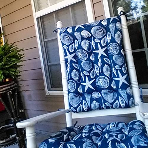 Shoreline Navy Porch Rocker Cushions - Extra-Large - Indoor - Outdoor, Fade Resistant, Weather Resistant - Latex Foam Fill Rocking Chair Seat Cushion & Backrest Pad Set - (Seashells - Blue)