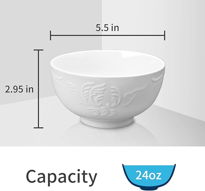 amhomel 6-Pack 24 Ounce Cereal Bowls with Embossed Texture, Porcelain Deep Ceramic Bowls, Dishwasher & Microwave Safe
