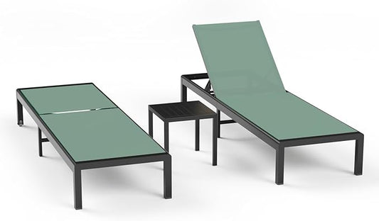 Aluminum Lounge Chairs Outdoor Chaise Furniture,2 Sets Patio Metal Deck Lounger Adjustable 5-Position Poolside Chase Recliner with Wheels for Beach,Coffee Table, (Green, 2 Chair＋Table)