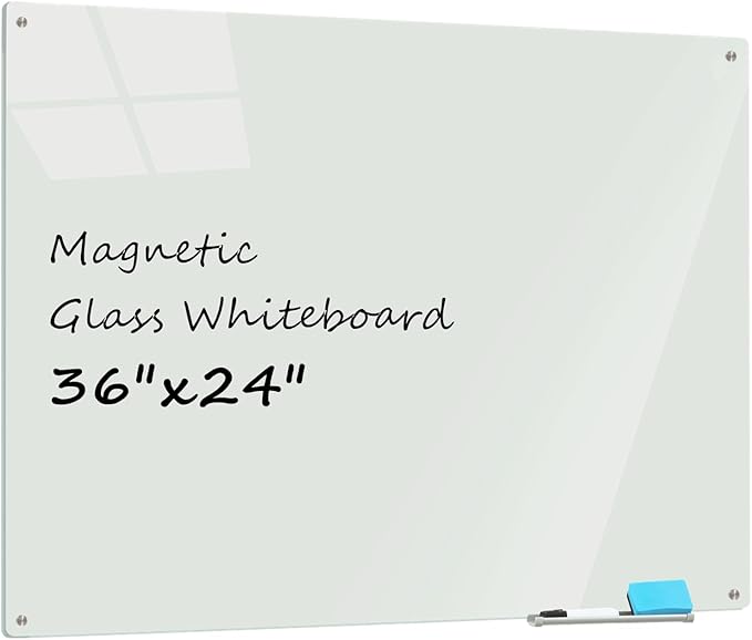 Magnetic Glass Dry Erase Whiteboard, 36 x 24 Inches Frameless Glass White Board Wall Mounted for Office Classroom and Home