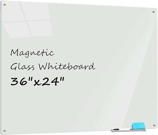 Magnetic Glass Dry Erase Whiteboard, 36 x 24 Inches Frameless Glass White Board Wall Mounted for Office Classroom and Home