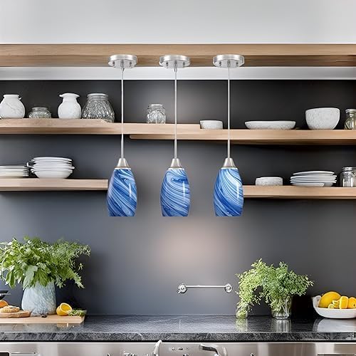 Mini Glass Pendant Light 1Pack Dark Blue Marble Art Glass Pendant Lights Kitchen Island Brushed Nickel Finish Hanging Light for Kitchen Over Sink,Dining Room,Foyer,Hallway