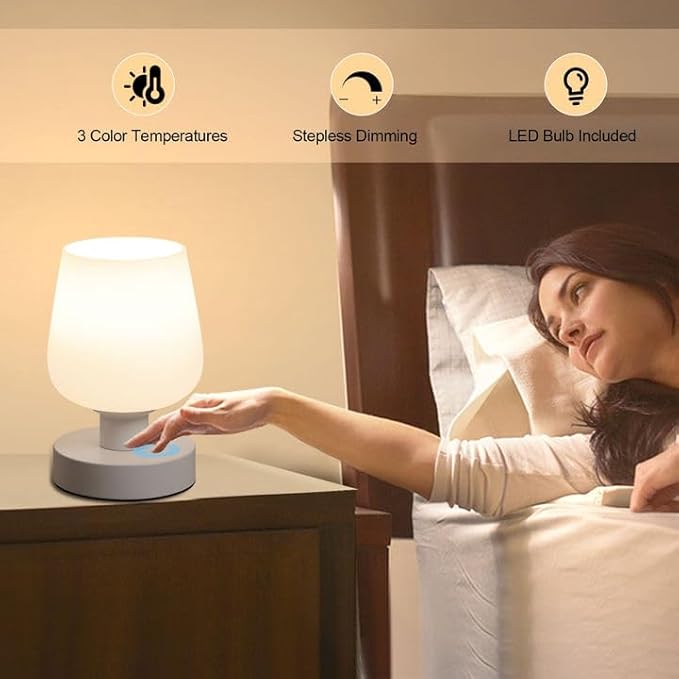 Touch Bedside Table Lamp, Dimmable Small Table Lamp for Bedroom with White Opal Glass Lamp Shade and LED Bulb, Modern Nightstand Lamps, Desk Lamp with Plug for Living Room Bed