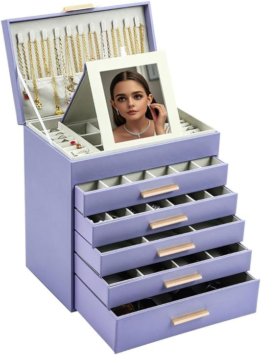 BOOVO Jewelry Box with Necklace Hanger – 6 layer Jewelry Organizer for Women with 5 Drawers, Large Jewelry Storage Boxes –Jewelry Organizers and Storage for Earrings, Necklaces (Purple, 6 layer)