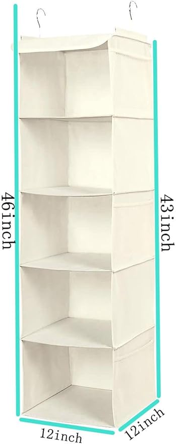 5 Shelves Hanging Closet Organizer, 2 Pack Hanging Storage with 6 Side Pockets for Clothes Shoes, 43"x12"x12"(Beige)