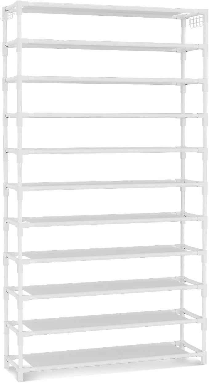 11 Tiers Tall Wide Shoe Rack 55 Pairs Large Capacity Sturdy Durable Shoe Rack for Closet Metal Shoe Organizer Shelf with Two Hooks Space Saving for Entryway White