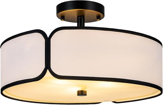 16" Semi Flush Mount Ceiling Light - 3 Lights Drum Light Fixture with Black Border White Fabric Shade, Farmhouse Close to Ceiling Light for Bedroom Living Dining Room Foyer and Hallway