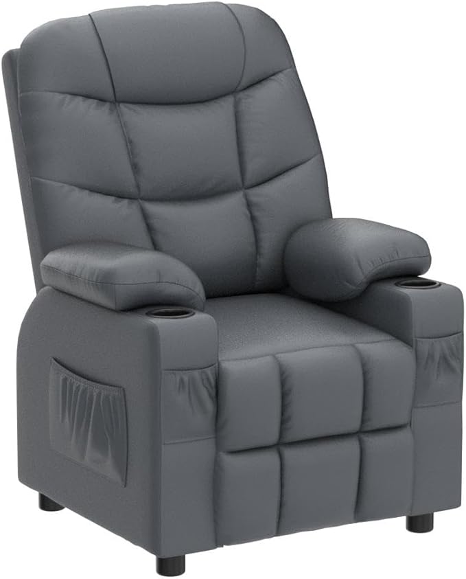 Costzon Kids Recliner Chair with Cup Holder, Adjustable Lounge Chair w/Footrest & Side Pockets for Children Boys Girls Room, Ergonomic Toddler Furniture Sofa, Kids Recliner (Grey)