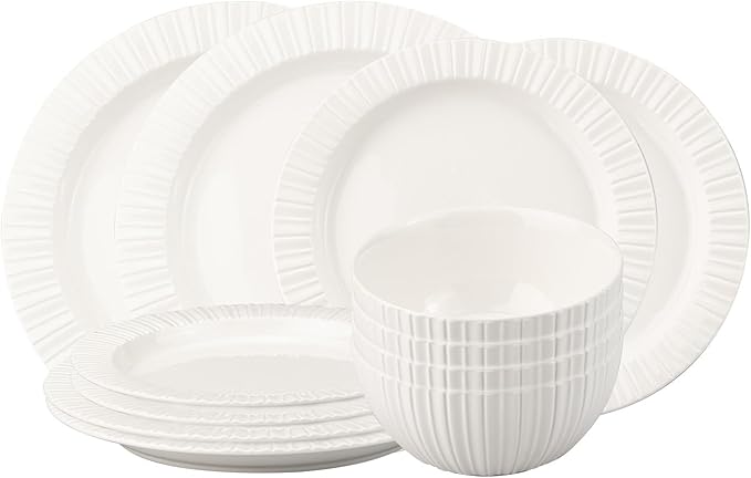 MDZF SWEET HOME 12-Piece White Ceramic Dinnerware Set - Rhine Series, Service for 4, Includes Bowls, Flat & Deep Plates, Microwave & Dishwasher Safe