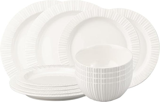 MDZF SWEET HOME 12-Piece White Ceramic Dinnerware Set - Rhine Series, Service for 4, Includes Bowls, Flat & Deep Plates, Microwave & Dishwasher Safe