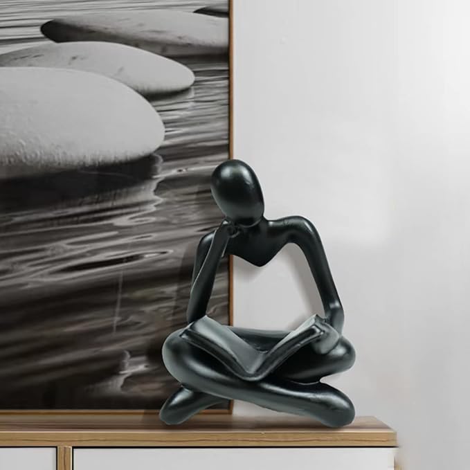 Thinker Statue Reading Women Figurine Abstract Art Sculpture Home Decor Modern Black Accents for Living Room Shelves Bookshelf Office Shelf Desktop Decoration