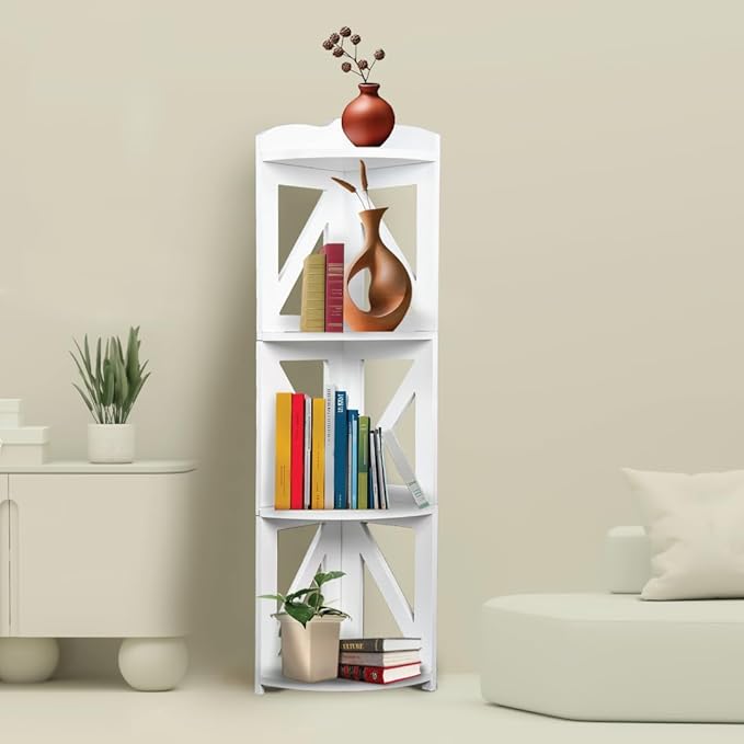 Corner Shelf Stand, Corner Bookshelf, Small Corner Shelves by Natural Wood, Plant Stand, Corner Bookcase for Living Room, Home Office, Bedroom, (White, 4 Tier)