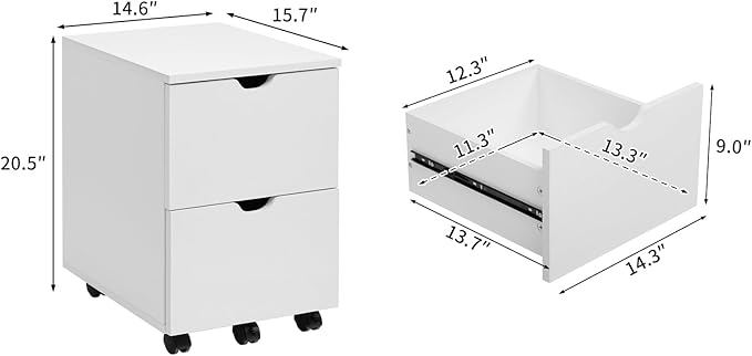 HollyHOME Under Desk Cabinet, Deep 2-Drawer Mobile Wood Cabinet, Storage Drawer for Home, Rolling Shelf for Office, Rolling Printer Stand, for A4, Modern, White