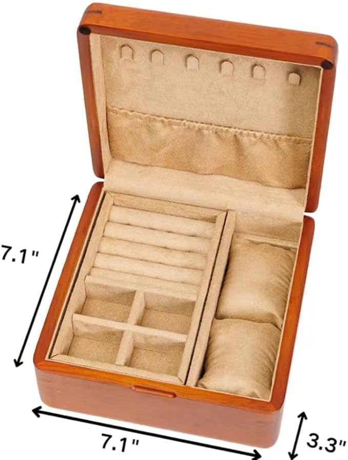 Bescott 2 Layer Solid Wooden Jewelry Box for Women Real Wood Vintage Jewelry Organizer Storage for Earrings Rings Necklaces Bracelet Watch Men