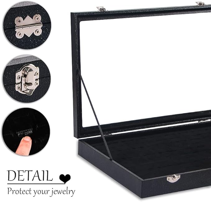Coward Ring Organizer Jewelry Box, Black Velvet 100 Slots Ring Display Tray Case with Transparent Glass Lid for Home Use or Store Selling Show