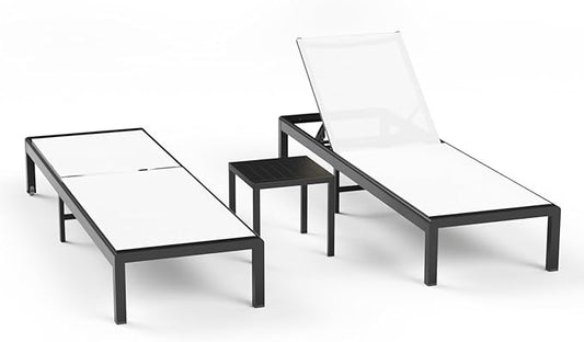 Aluminum Lounge Chairs Outdoor Chaise Furniture,2 Sets Patio Metal Deck Lounger Adjustable 5-Position Poolside Chase Recliner with Wheels for Beach,Coffee Table, (White, 2 Chairs + Table)